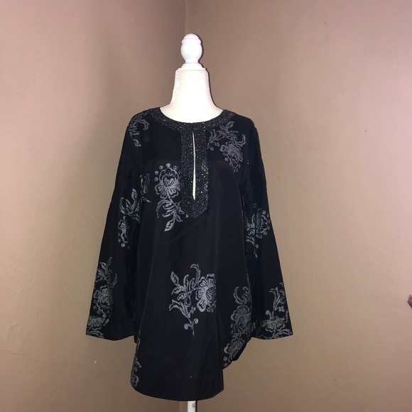 Chico's Tops - CHICO'S Black Embellished Floral Print Tunic Top